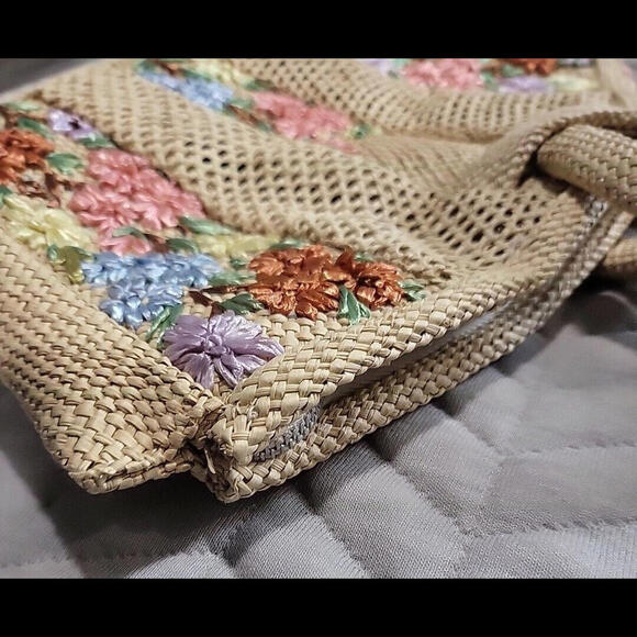 Vintage Woven Straw Raffia Purse Clutch Embroidered Flowers Handbag Boho - Picture 7 of 9